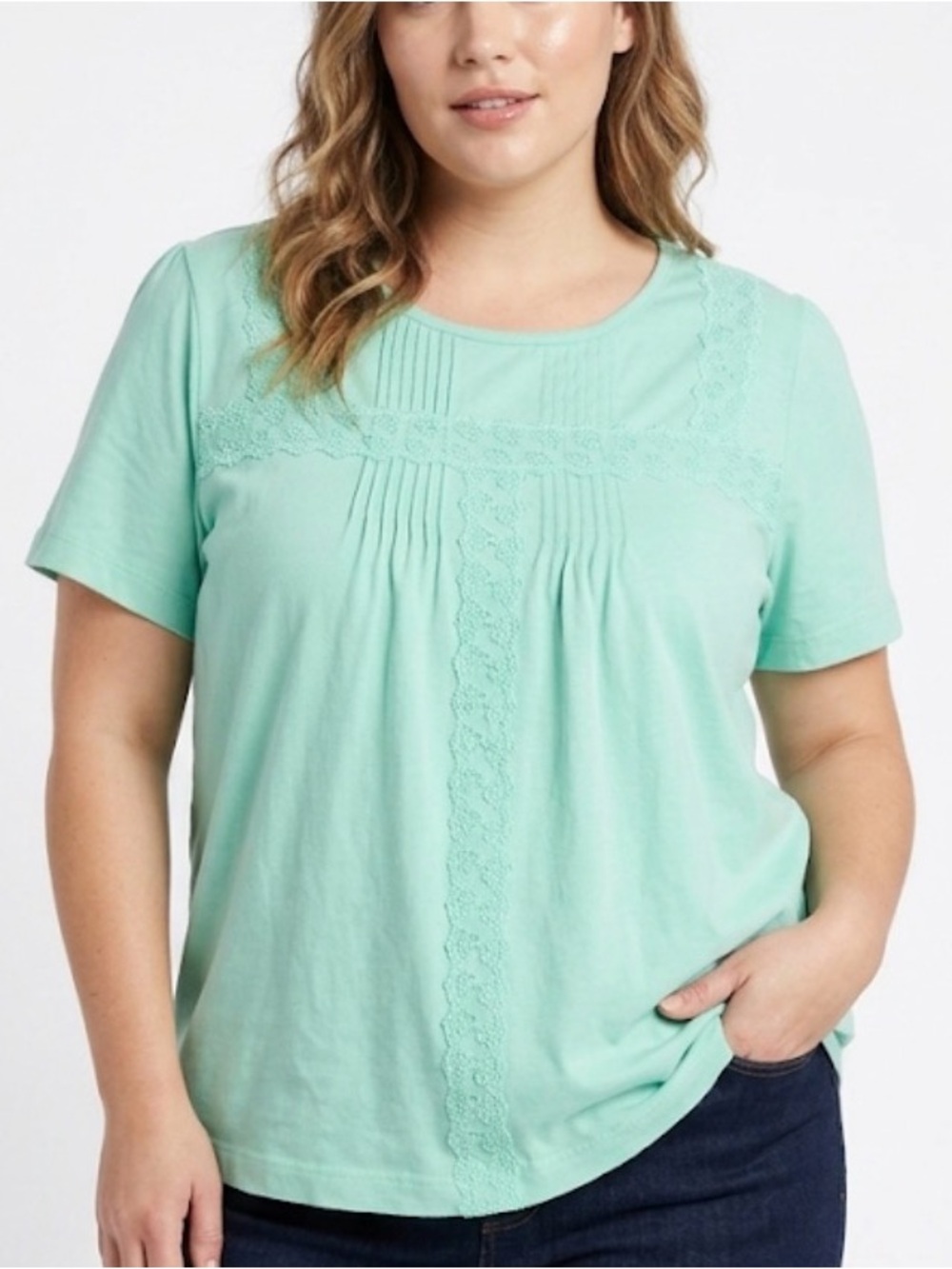 Vintage Mint Green Lace Trim Pleated Short Sleeve Top Sz L Salon Studios?